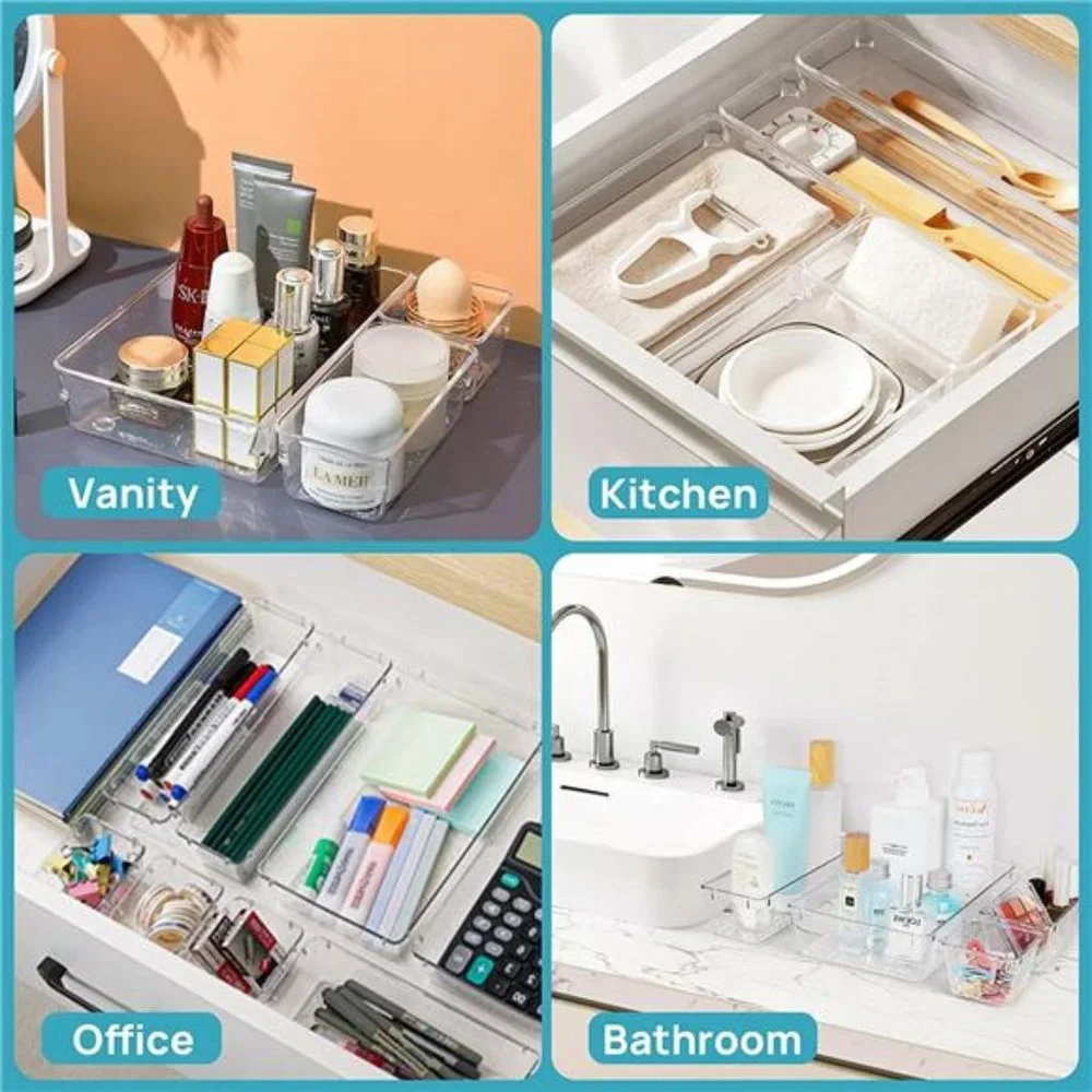 25 PCS Clear Plastic Drawer Organizers Set, 4-Size Versatile Bathroom and Vanity